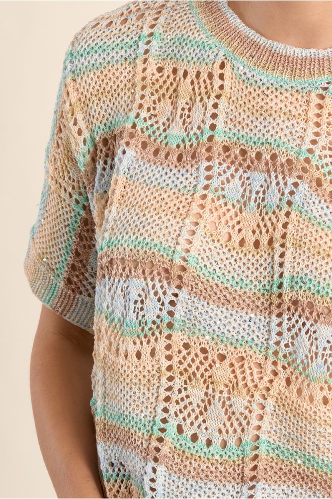 Maille ajourée manches courtes, rayée multicolore