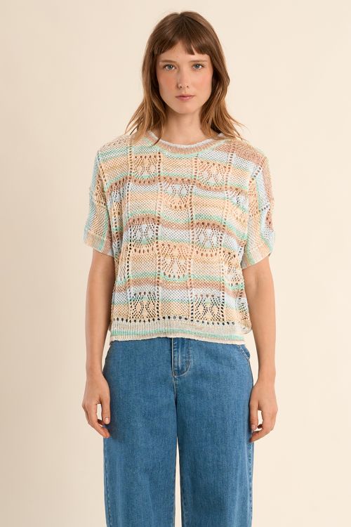 Openwork knit with short sleeves, multicoloured stripes