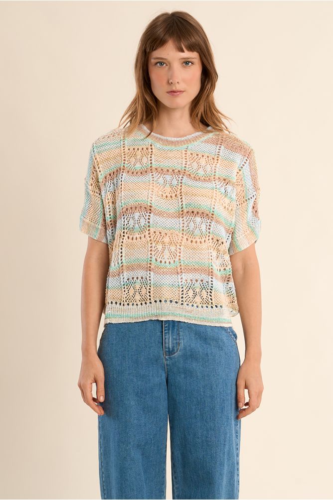 Maille ajourée manches courtes, rayée multicolore