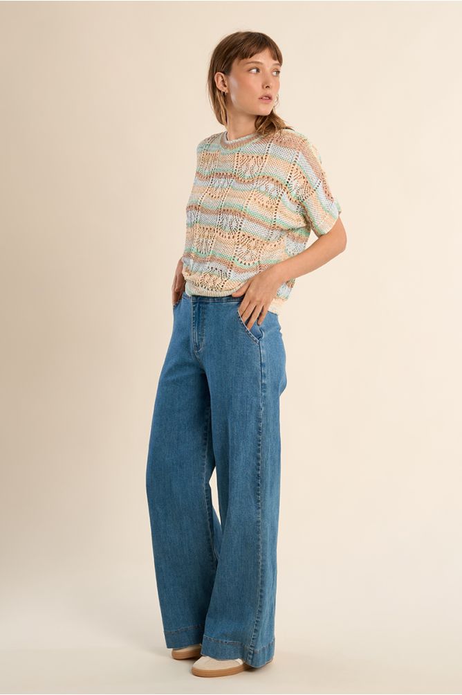 Maille ajourée manches courtes, rayée multicolore