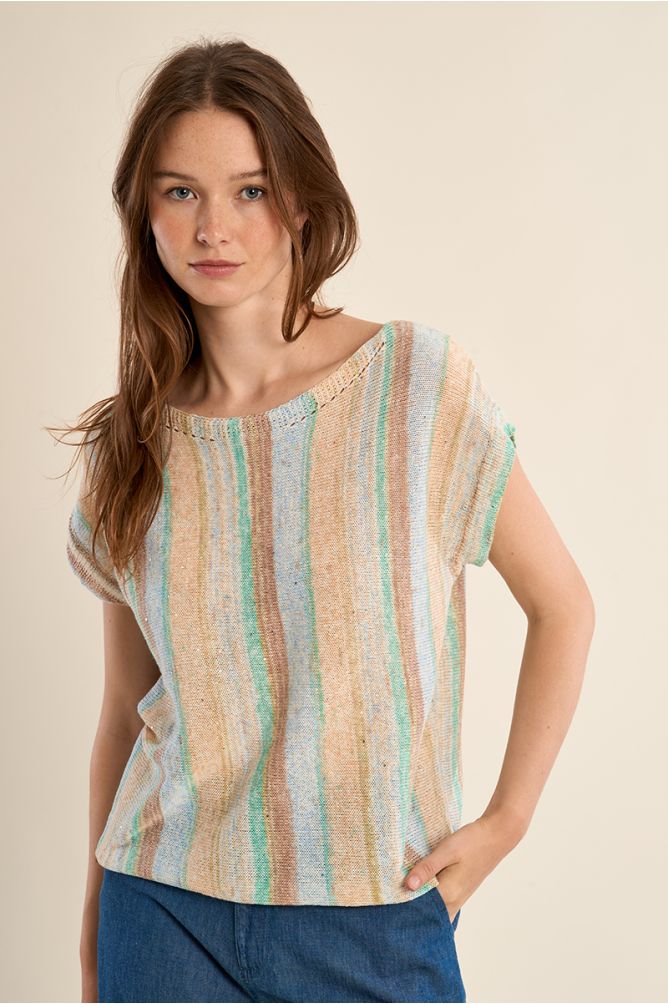 Jersey de mujer de manga corta, estampado rayas.