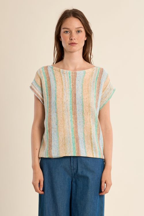 Jersey de mujer de manga corta, estampado rayas.