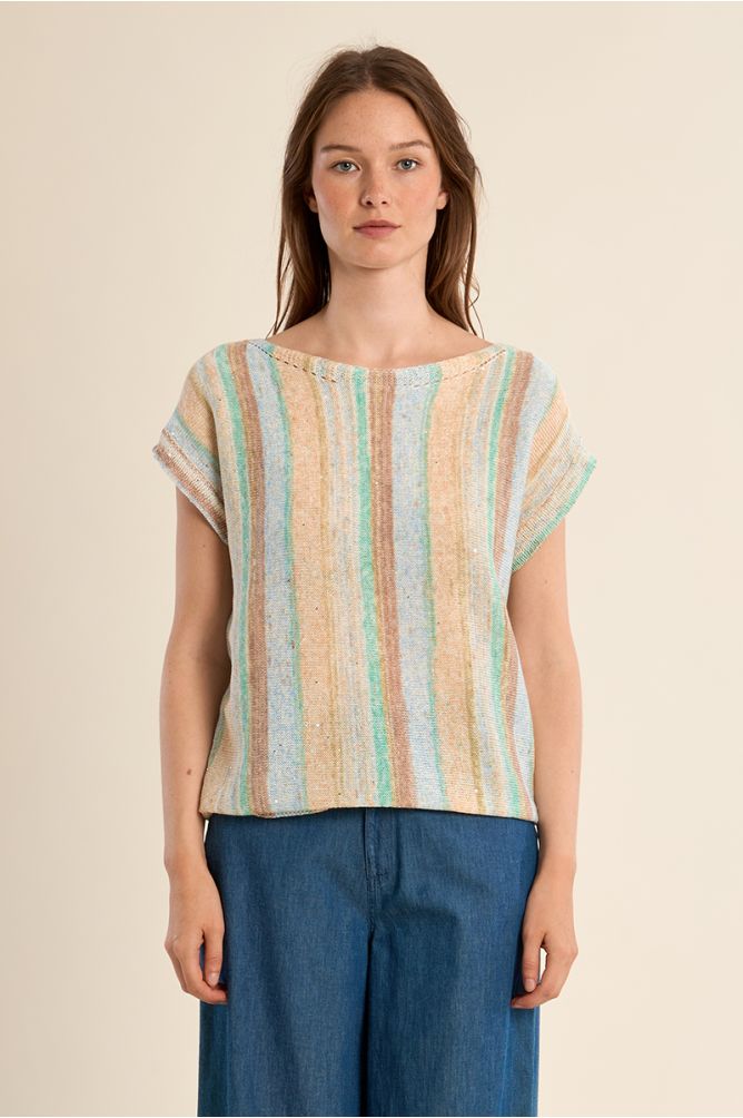 Jersey de mujer de manga corta, estampado rayas.