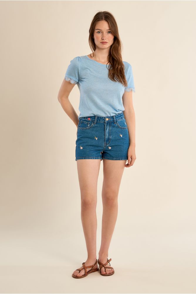 T-shirt en jersey, manches en dentelle