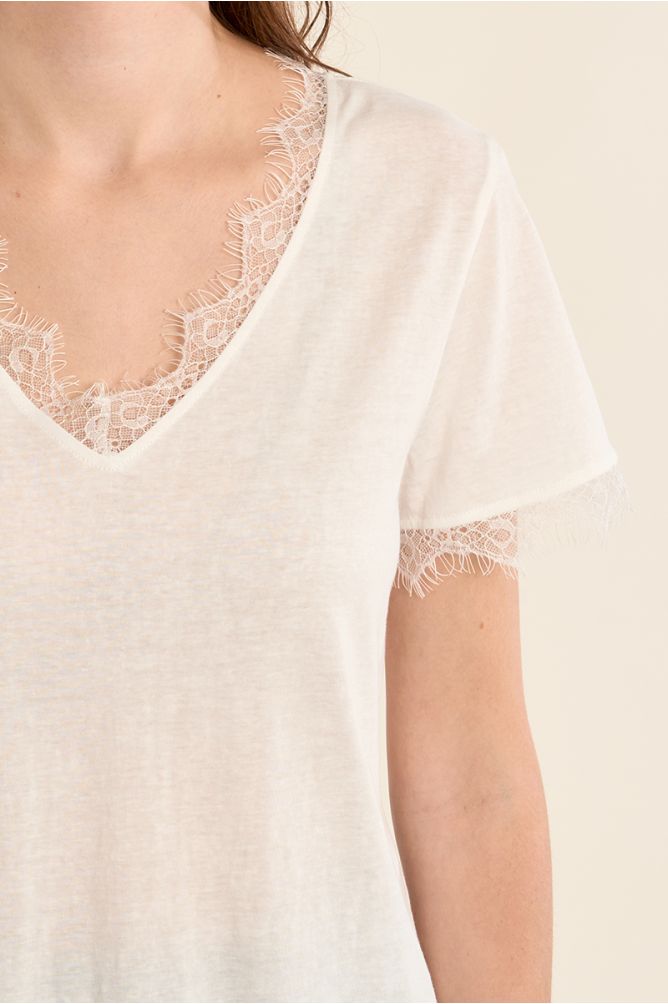 Camiseta de mujer de manga corta, detalle encaje.