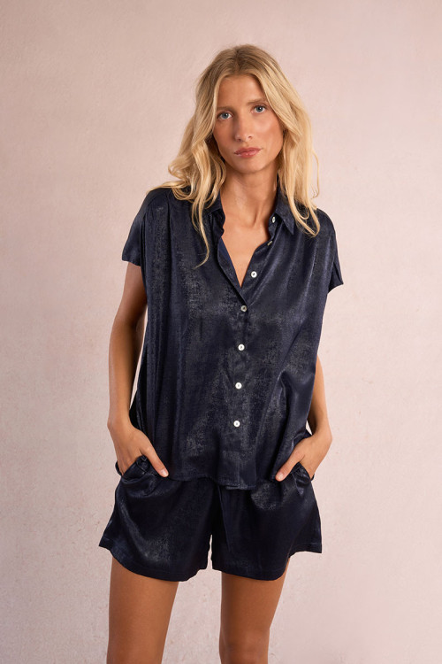Short-sleeved blouse, satin effect