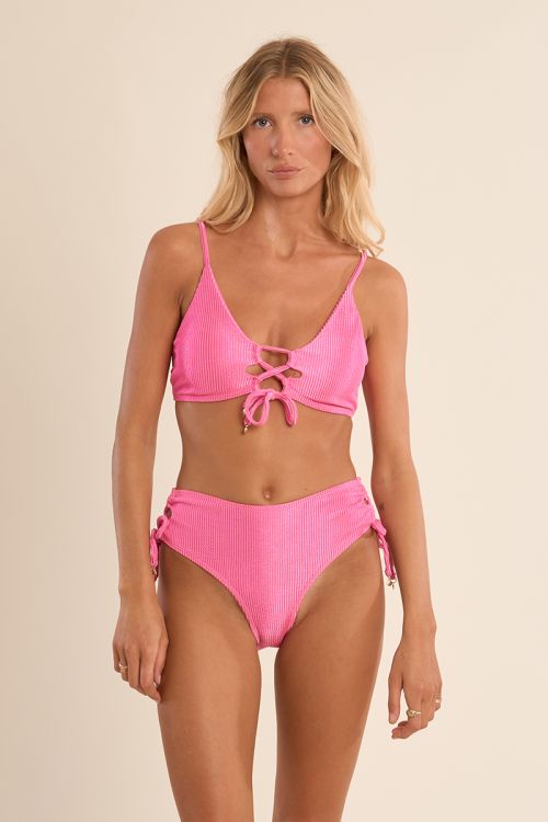 Lace-up bikini top, ribbed