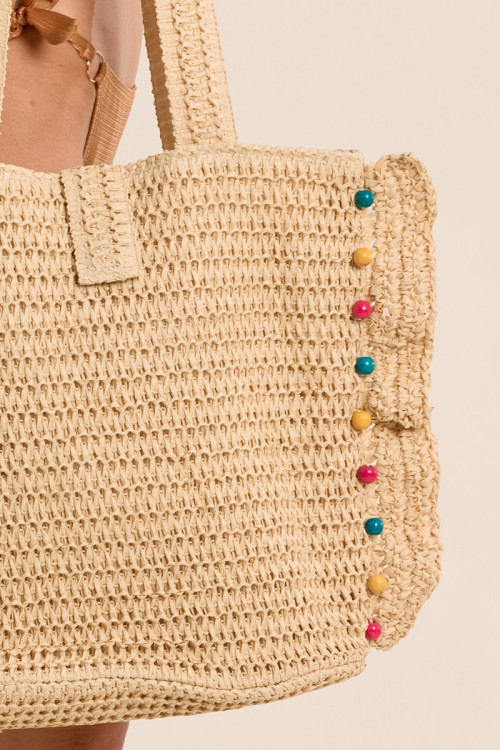 Raffia tote bag studded with pearls