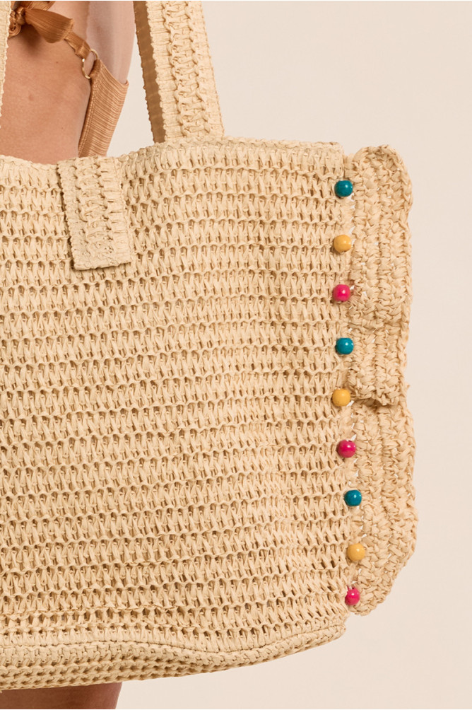 Raffia tote bag studded with pearls