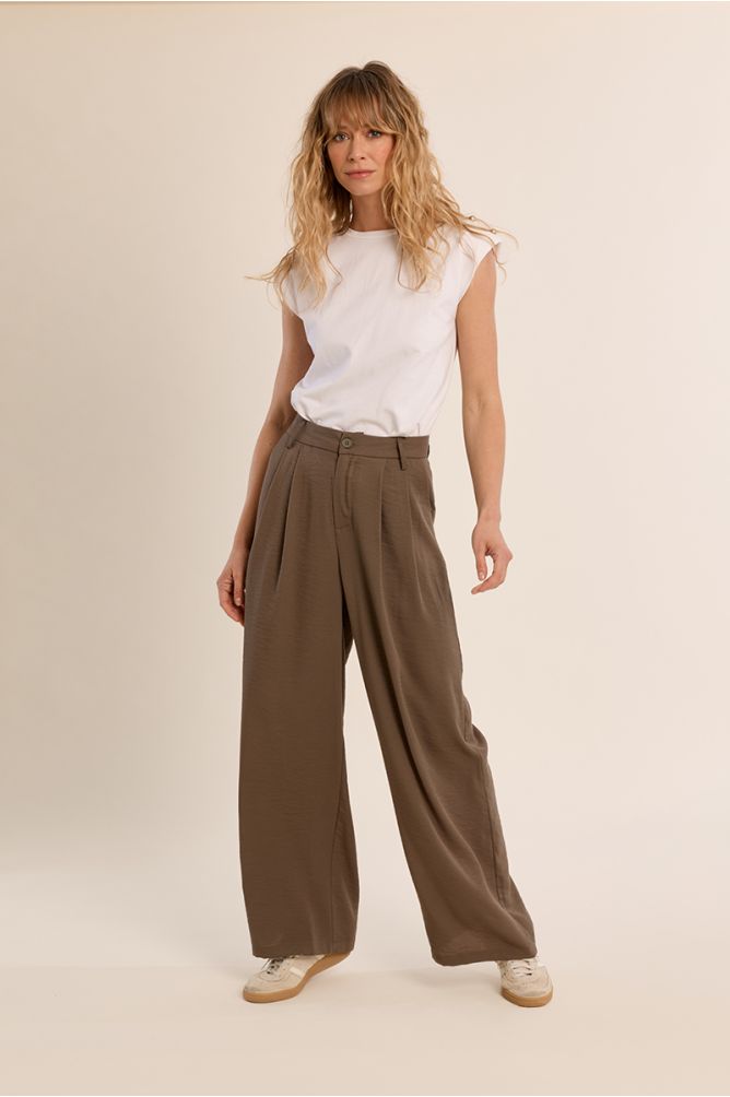 Pantalón de mujer largo, detalle pliegues.