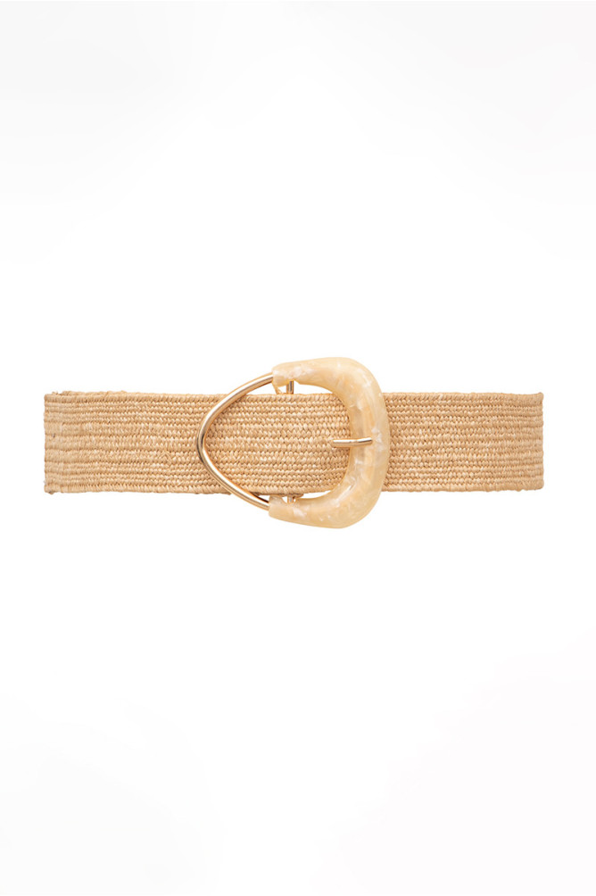 Cinturón de mujer de rafia, hebilla metálica.