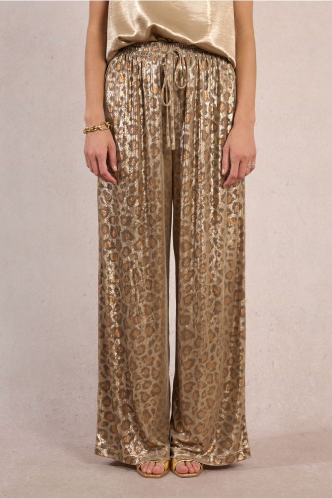 Flowing leopard print trousers, iridescent