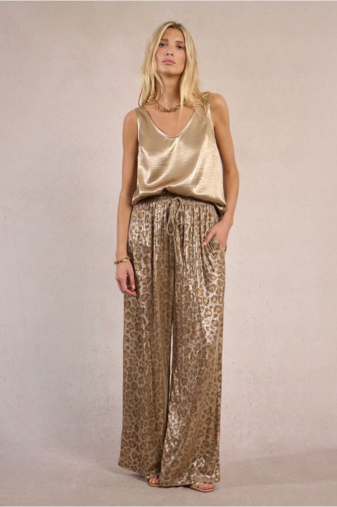 Flowing leopard print trousers, iridescent